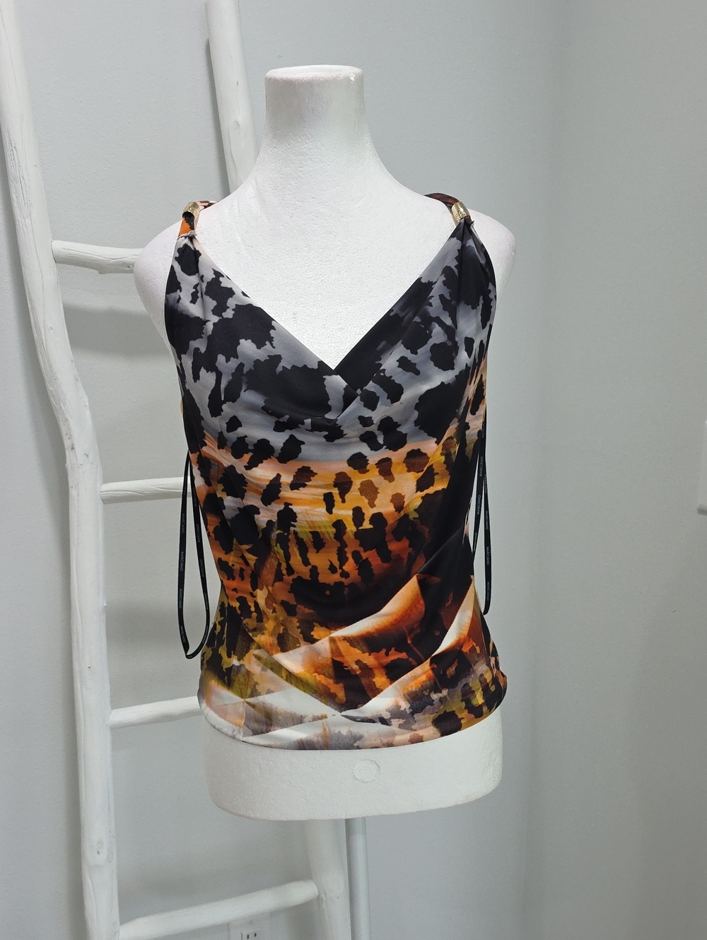 Marciano Low Back Leopard-Print Stretch Cowl Neck Satin Tank Top